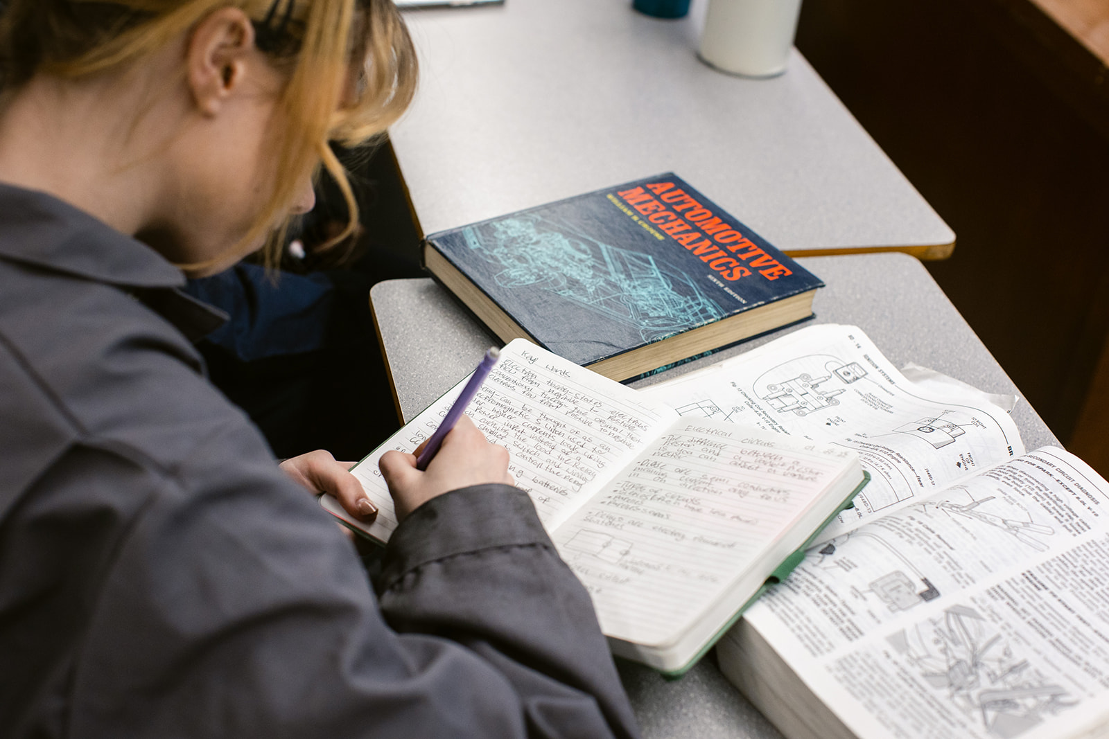 Back of head young student writing in notebook.